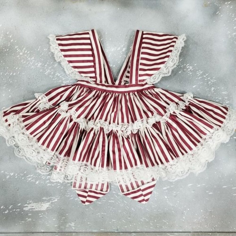 Vintage Lace Full Circle Pinafore Dress Bloomer Set Red Stripe Holiday Twirl - Picture 5 of 10